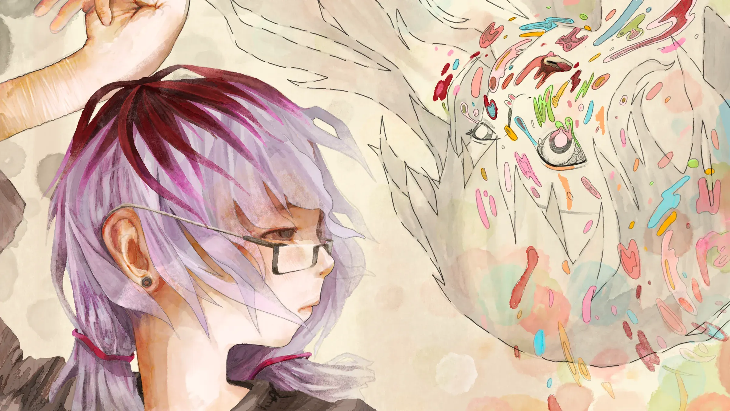 Purple-haired figure in glasses facing a sketched face erupting into colorful confetti shapes