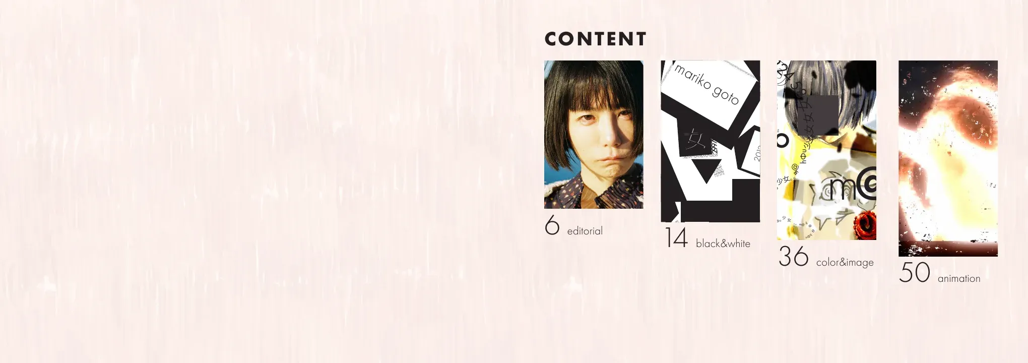 Contents spread listing editorial, black and white, color and image, and animation chapters