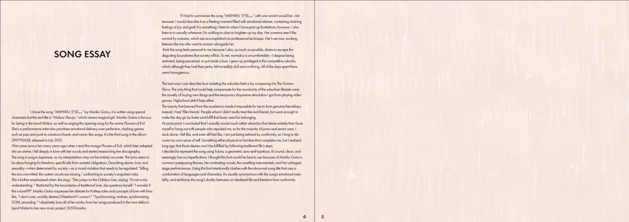 Song essay spread: why the song was chosen and why it is set in Futura