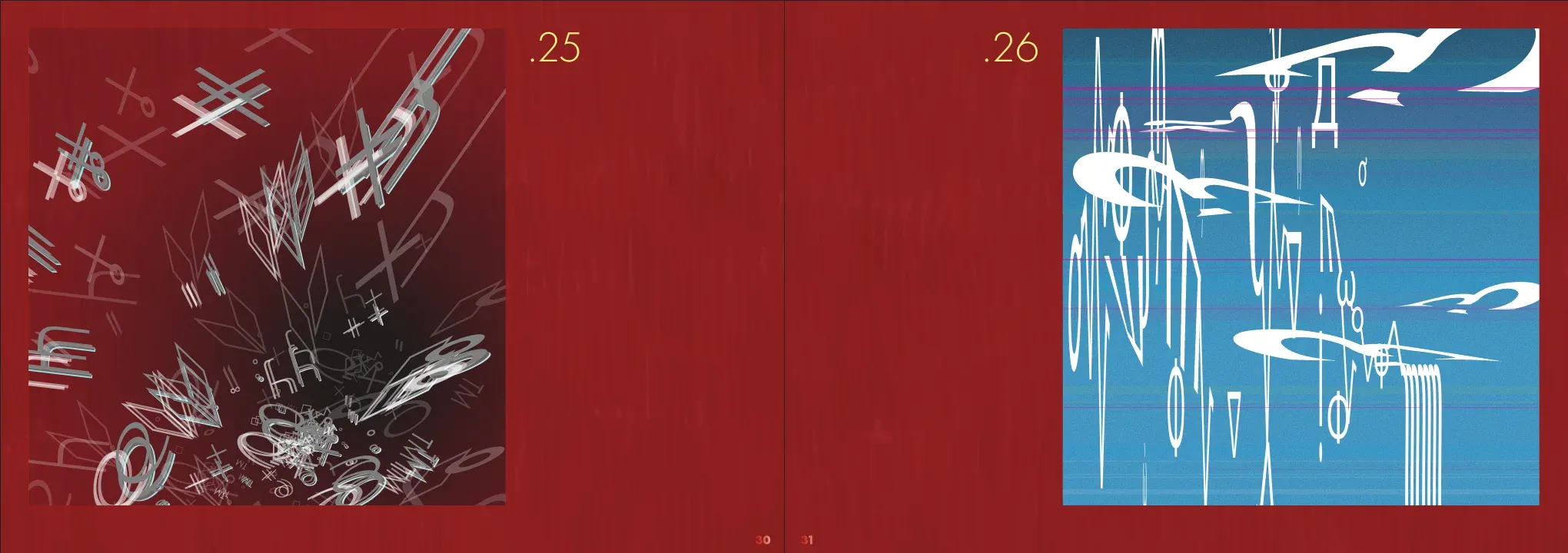 Color studies 25 and 26: chromatic type debris on dark red, white glyphs raining on sky blue
